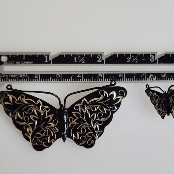 1950-S SK JAPANESE VINTAGE BLACK ENEMEL ENGRAVED STERLING SILVER BUTTERFLY BROOC - Picture 7 of 7